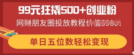 99元狂撬500+创业粉，单日五位数轻松变现，网创朋友圈投放教程-知源网创